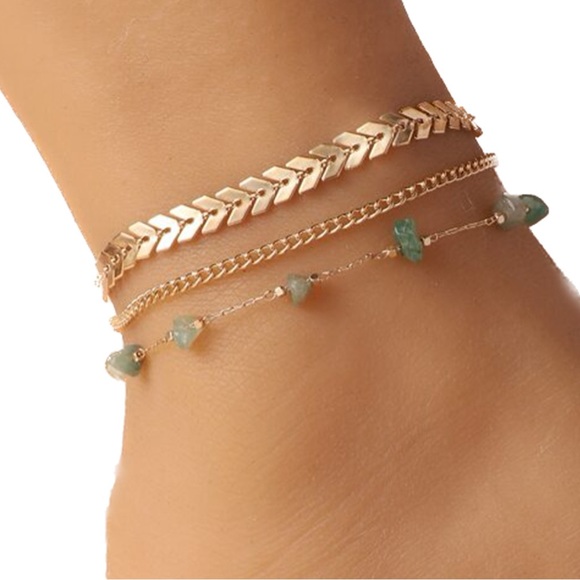 AJ by the Bay Jewelry - 3 Piece Anklet Set Gold Jade Tone Stone Arrow Design AN01